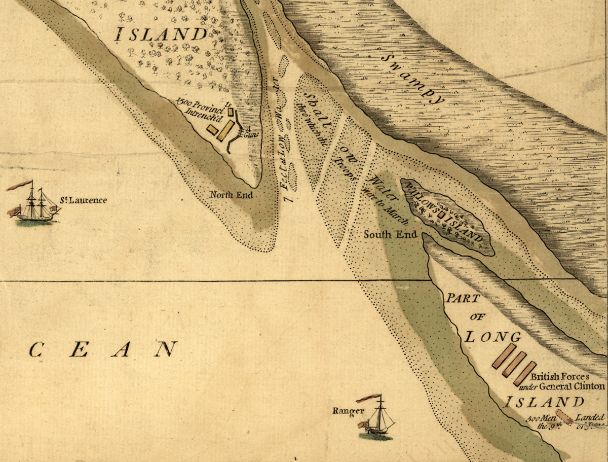 Portion of the map entitled "A Plan of the Attack of Fort Sullivan the Key of Charlestown, in South Carolina on the 28th of June 1776". by Robert Sayer & John Bennett (Library of Congress)