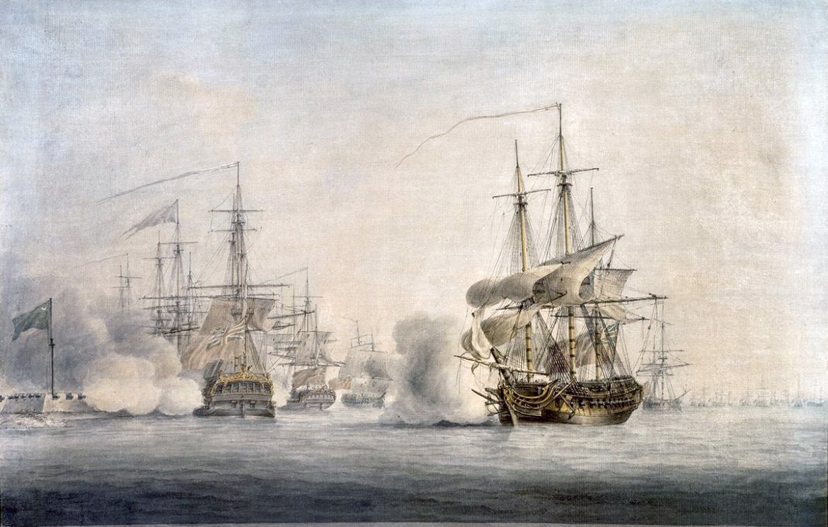 Nicholas Pocock, A View of the Attack Made by the British Fleet Under the Command of Sir Peter Parker against Fort Moultrie on Sullivan’s Island, June 28th, 1776, 1783, South Caroliniana Library